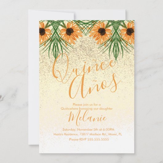Quiñce Faux Glitter Sunflower Birthday Uitnodiging (Voorkant)
