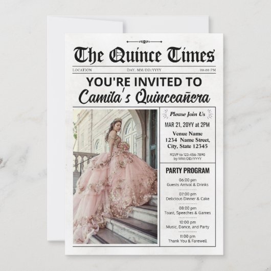 Quince Invite, Newspaper with Program, Quinceañera Kaart (Voorkant)