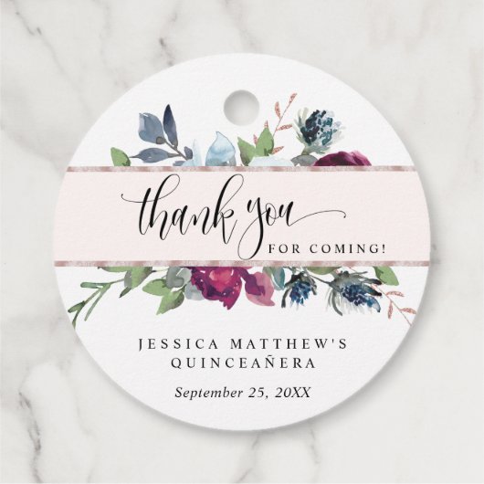 Quince Roos Goudbes, Bourgogne, Blauwe Bloemen Bedankjes Labels (Achterkant)