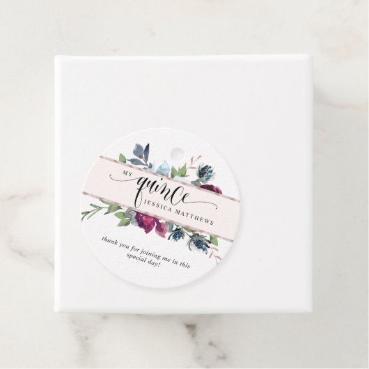 Quince Roos Goudbes, Bourgogne, Blauwe Bloemen Bedankjes Labels (In situ)