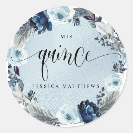 Quince, Spaans, lichtblauwe bloemenkrans Ronde Sticker (Voorkant)