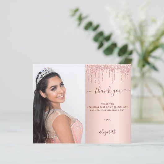 Quinceanea roos glitter QR foto dank je kaart (Staand voorkant)