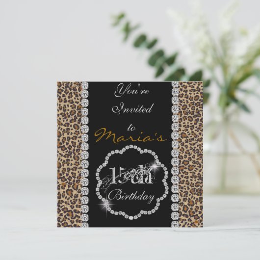 QUINCEANERA15th CHEETAH BLING Birthday Invitations Kaart (Staand voorkant)