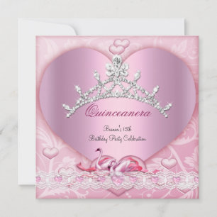 Quinceanera 15 15e Wit Roze Zwanen Tiara Hart Kaart
