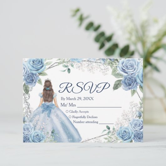 Quinceañera 15 Anos Dusty Blue RSVP-kaart Bedankkaart (Staand voorkant)