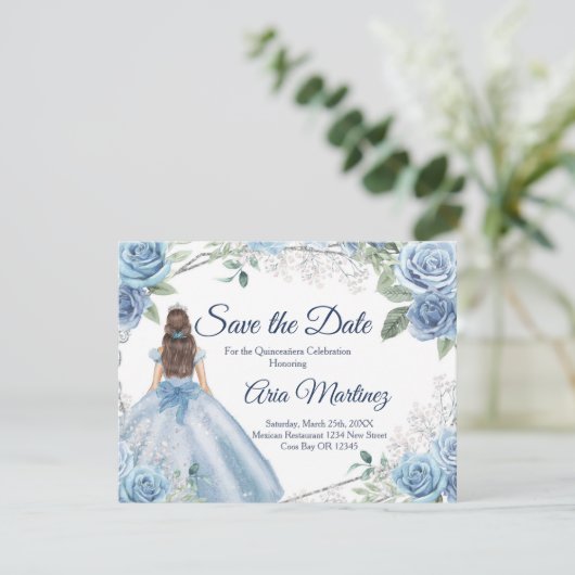 Quinceañera 15 Anos Dusty Blue Save the Date Bedankkaart (Staand voorkant)