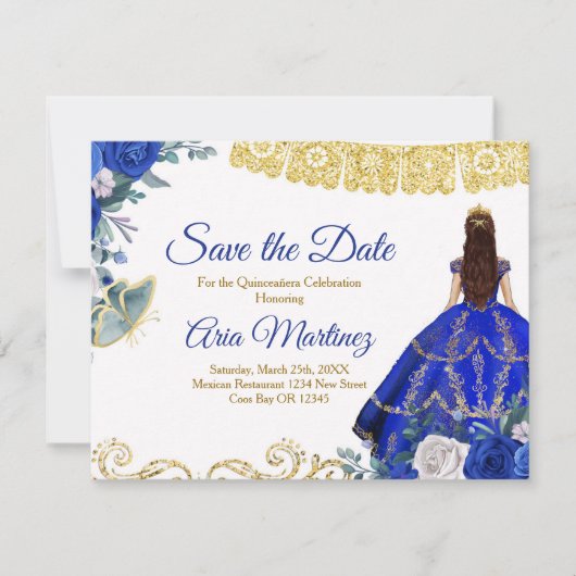Quinceañera 15 Anos Royal Blue Save the Date Bedankkaart (Voorkant)