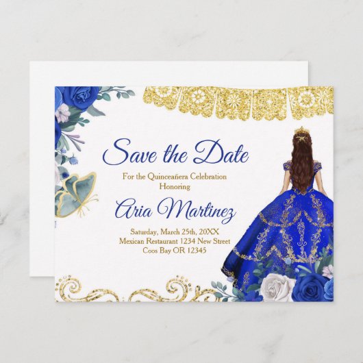 Quinceañera 15 Anos Royal Blue Save the Date Bedankkaart (Voorkant / Achterkant)