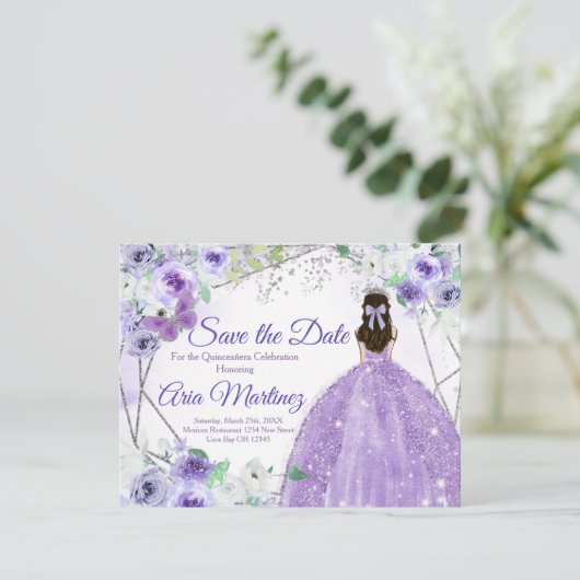 Quinceañera 15 Anos Silver & Paars Save the Date Bedankkaart (Staand voorkant)