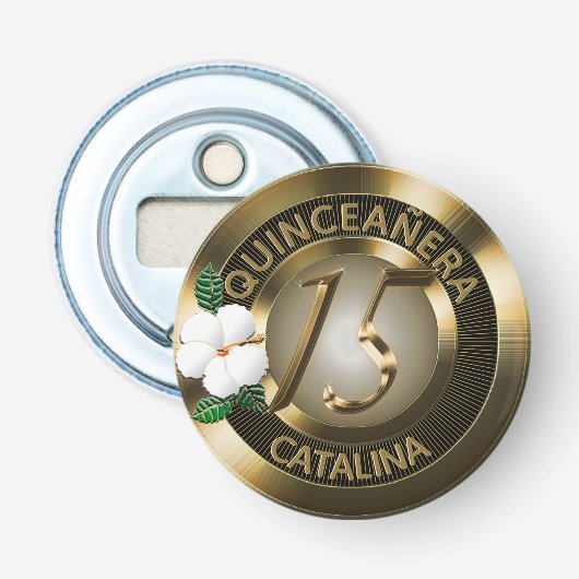 Quinceanera 15 Birthday Gold Faux Metallic Button Flesopener (Voorkant)