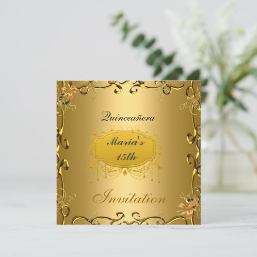 Quinceañera 15 Birthday Invitation Gold Kaart (Staand voorkant)