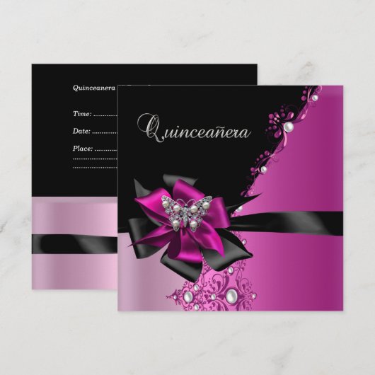 Quinceanera 15 Birthday Party Hot Pink Black Kaart (Voorkant / Achterkant)