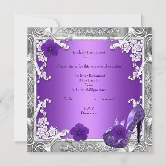 Quinceanera 15 Birthday Party Paars Silver Kaart (Achterkant)