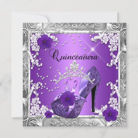 Quinceanera 15 Birthday Party Paars Silver Kaart (Voorkant)