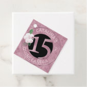 Quinceanera 15 Birthday Pink Faux Metallic Floral Bedankjes Labels (In situ)