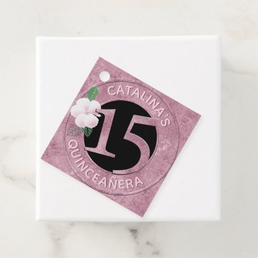 Quinceanera 15 Birthday Pink Faux Metallic Floral Bedankjes Labels (In situ)
