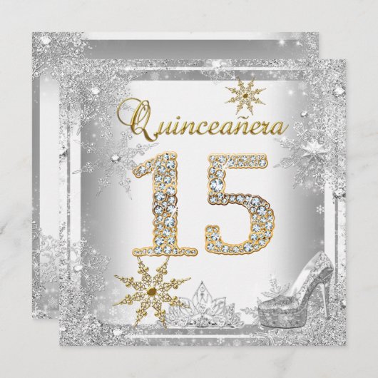 Quinceanera 15 Birthday Silver White Gold Elite Kaart (Voorkant / Achterkant)