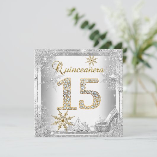 Quinceanera 15 Birthday Silver White Gold Elite Kaart (Staand voorkant)