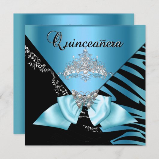 Quinceanera 15 Birthday Zebra Blue Tiara Kaart (Voorkant / Achterkant)