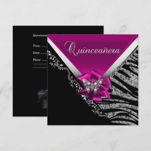 Quinceanera 15 Birthday Zebra Pink Black Silver Kaart (Voorkant / Achterkant)