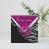 Quinceanera 15 Birthday Zebra Pink Black Silver Kaart (Staand voorkant)