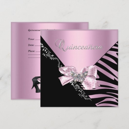 Quinceanera 15 Birthday Zebra Pink Black Silver Kaart (Voorkant / Achterkant)