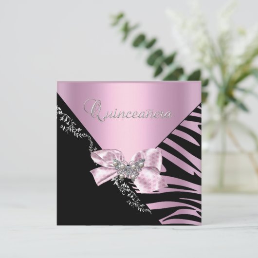 Quinceanera 15 Birthday Zebra Pink Black Silver Kaart (Staand voorkant)
