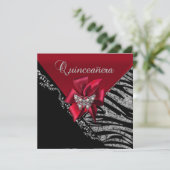 Quinceanera 15 Birthday Zebra Red Black Silver Kaart (Staand voorkant)