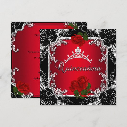 Quinceañera 15 Black Silver Tiara Red Rose Floral Kaart (Voorkant / Achterkant)