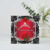 Quinceañera 15 Black Silver Tiara Red Rose Floral Kaart (Staand voorkant)