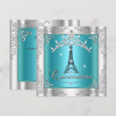 Quinceanera 15 Blauwgroen Blue Silver Tiara Eiffel Kaart (Voorkant / Achterkant)