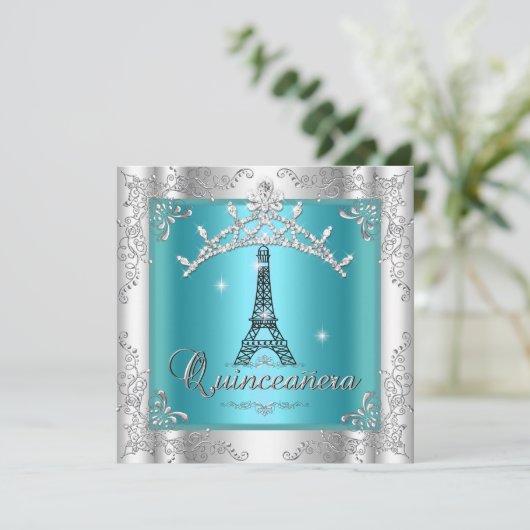 Quinceanera 15 Blauwgroen Blue Silver Tiara Eiffel Kaart (Staand voorkant)