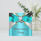 Quinceanera 15 Blauwgroen goudpartij Kaart (Staand voorkant)