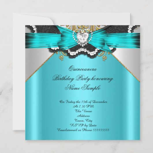 Quinceanera 15 Blauwgroen goudpartij Kaart (Achterkant)