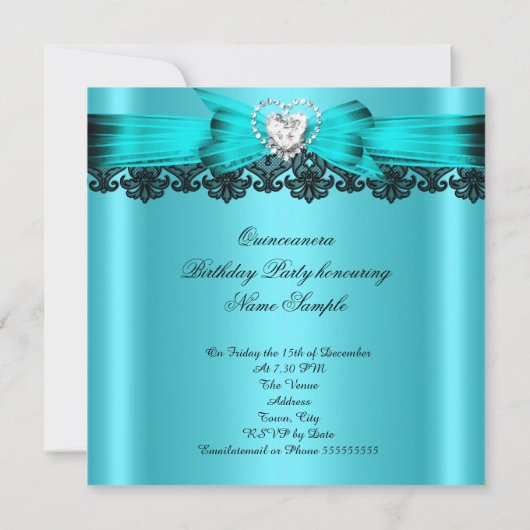Quinceanera 15 Blauwgroen witte gele partij 2 Kaart (Achterkant)