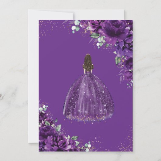 Quinceañera 15 Dark Royal Paarse jurk Gouden Bloem Kaart (Achterkant)
