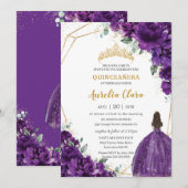 Quinceañera 15 Dark Royal Paarse jurk Gouden Bloem Kaart (Voorkant / Achterkant)