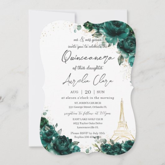 Quinceañera 15 Emerald Green Floral Eiffel Paris Kaart (Voorkant)