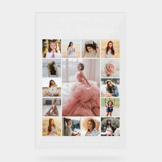 Quinceañera 15 Fotocollage Verjaardag Welkom Acryl Bord (Voorkant)