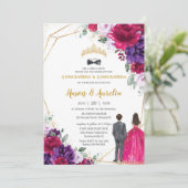 Quinceañera 15 Fuchsia Paarse Lila Floral Twins Kaart (Staand voorkant)