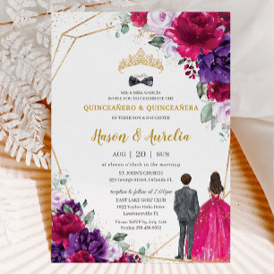 Quinceañera 15 Fuchsia Paarse Lila Floral Twins Kaart