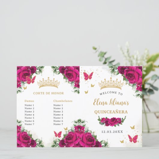 Quinceañera 15 Fuchsia Roze Bloemen Goud Programma (Staand voorkant)