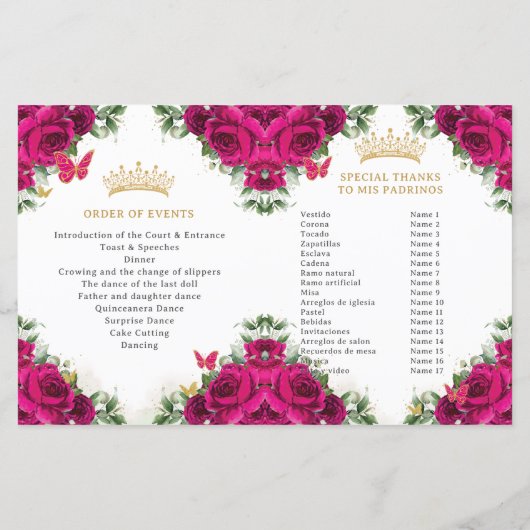Quinceañera 15 Fuchsia Roze Bloemen Goud Programma (Achterkant)