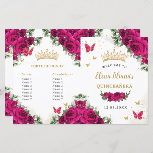 Quinceañera 15 Fuchsia Roze Bloemen Goud Programma (Voorkant / Achterkant)