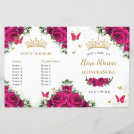 Quinceañera 15 Fuchsia Roze Bloemen Goud Programma