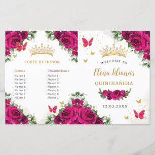 Quinceañera 15 Fuchsia Roze Bloemen Goud Programma