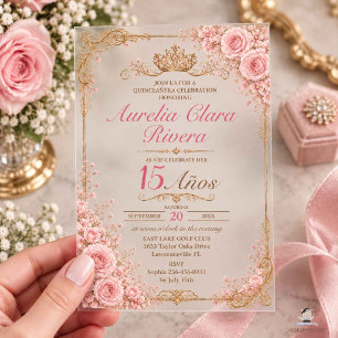 Quinceañera 15 Jaar Roze Bloemige Vintage Goud  Acryl Uitnodigingen