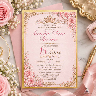 Quinceañera 15 Jaar Roze Bloemige Vintage Goud Kaart