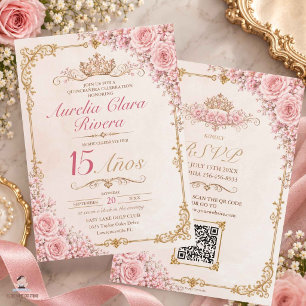Quinceañera 15 Jaar Roze Bloemige Vintage Goud QR Kaart