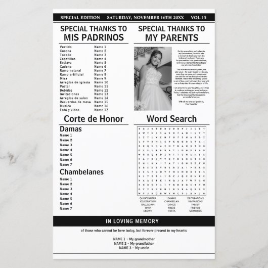 Quinceañera 15 Krantenprogramma Orde van Evenement (Achterkant)